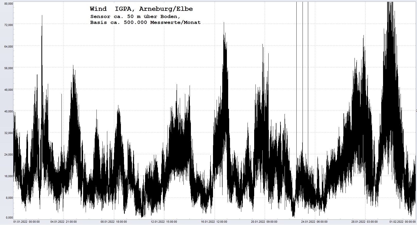 Arneburg Histogramm Winddaten Monat Januar 2023, 
  Sensor auf Gebude, ca. 50 m ber Erdboden, Basis: 5s-Aufzeichnung