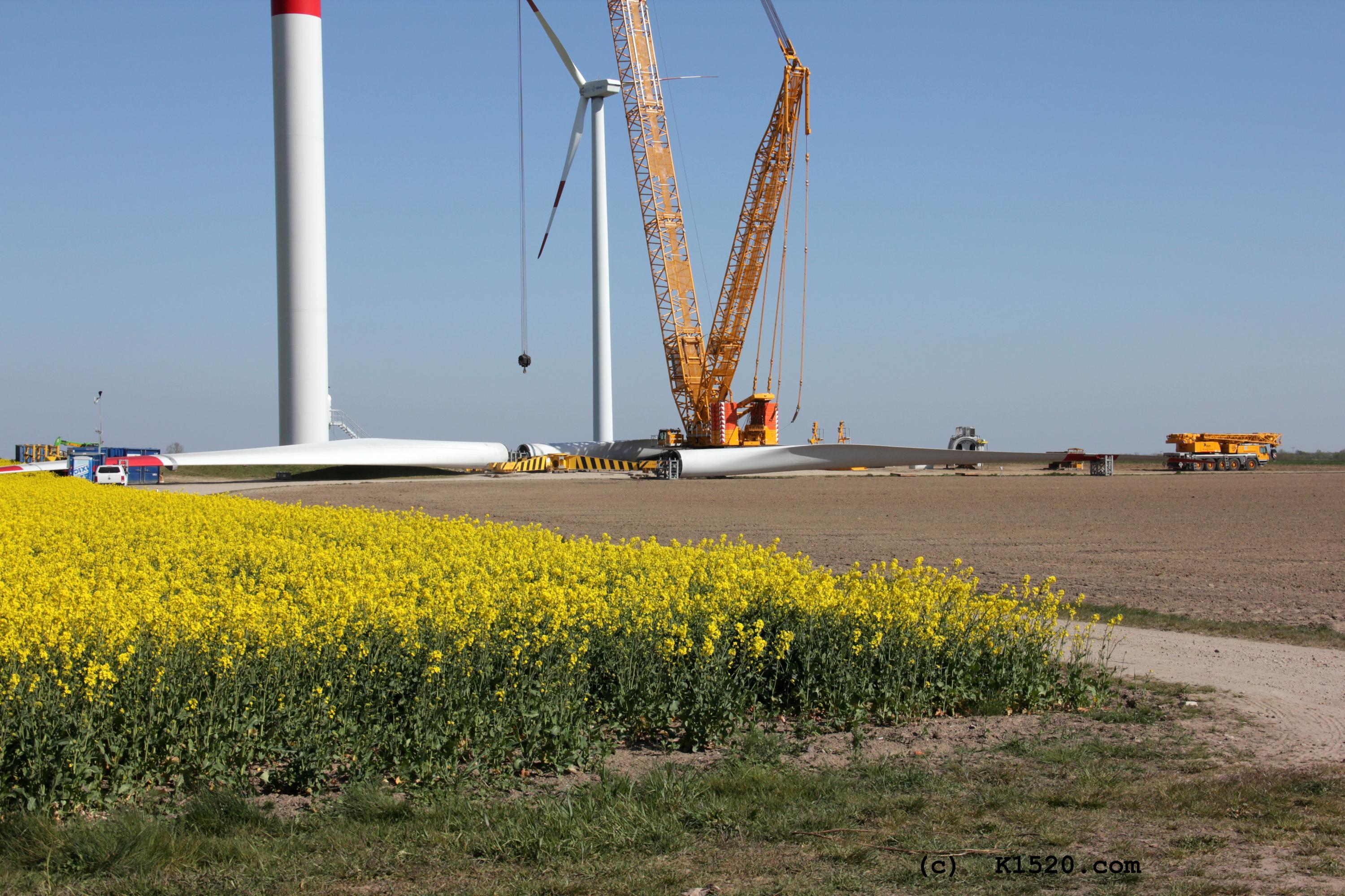 Reparatur Windräder im Windpark Arneburg/Elbe 04/2020,
  Kraneinsatz, Größenvergleich PKW und Kran
